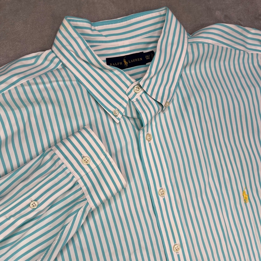 Ralph Lauren Shirt Men's 2XLT Tall Blue White Striped‎ Long Sleeve Pony Preppy